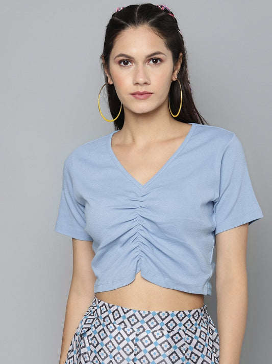 Women's Blue Gather Detail Crop Top