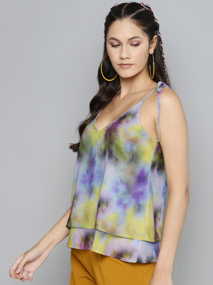 Women's Yellow & Purple Tie-Dye Strappy Top
