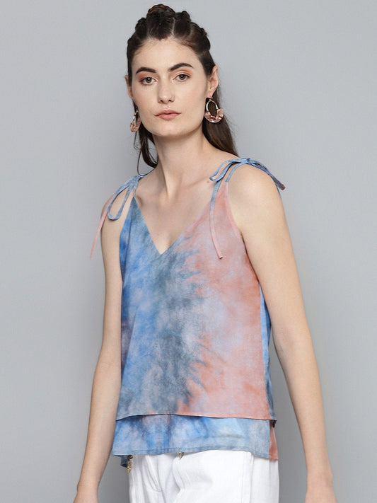 Women's Blue & Brown Tie-Dye Print Strappy Top