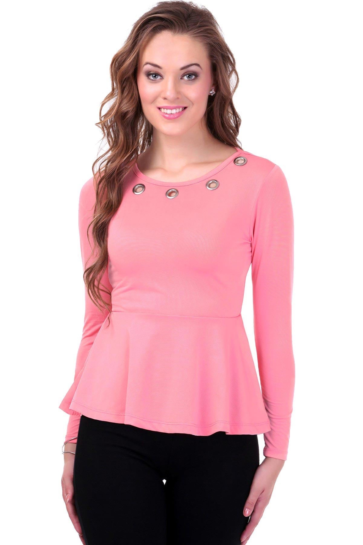 Women's Metal Eyelet Pink Peplum Top