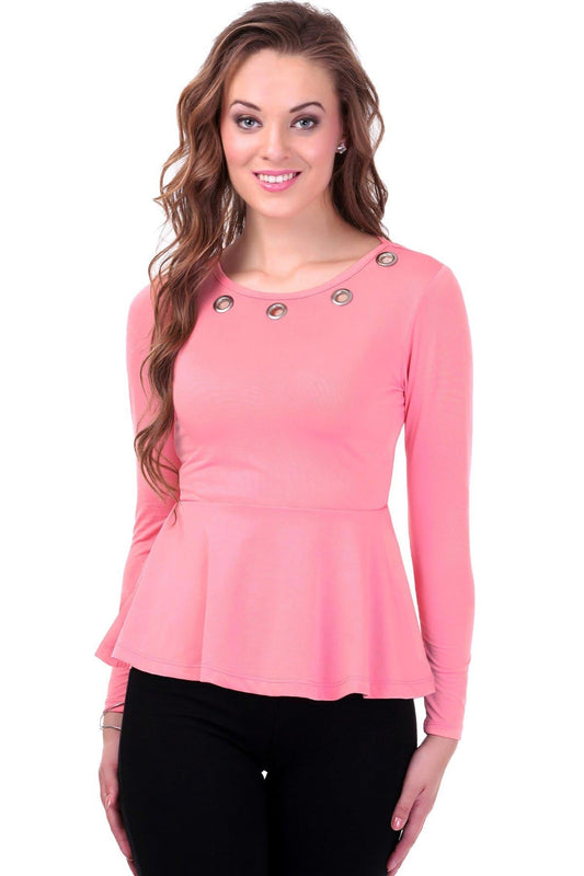 Women's Metal Eyelet Pink Peplum Top