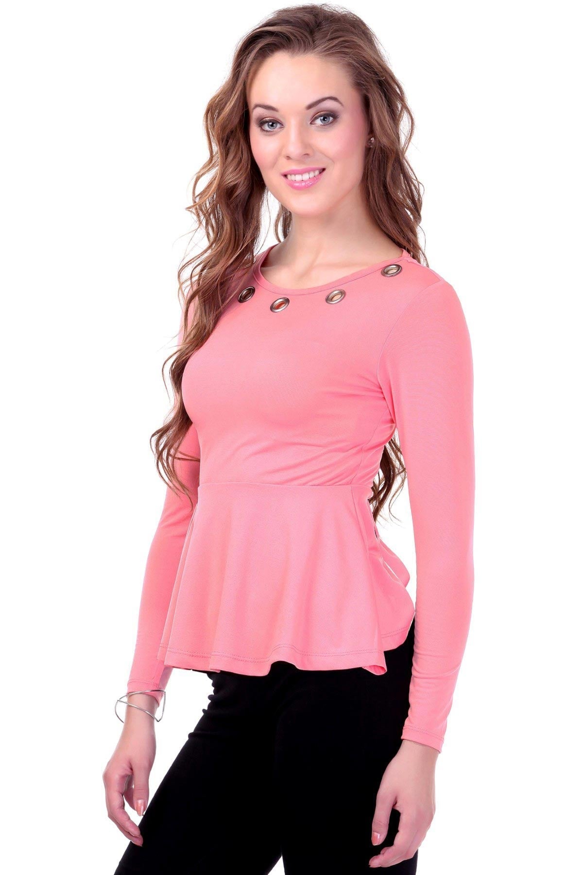 Women's Metal Eyelet Pink Peplum Top