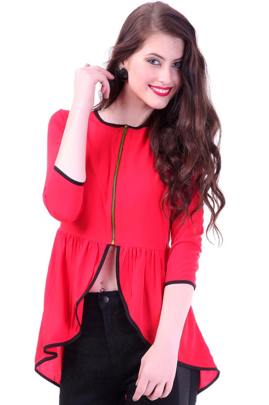 Women's Front Zipper Red Peplum Top
