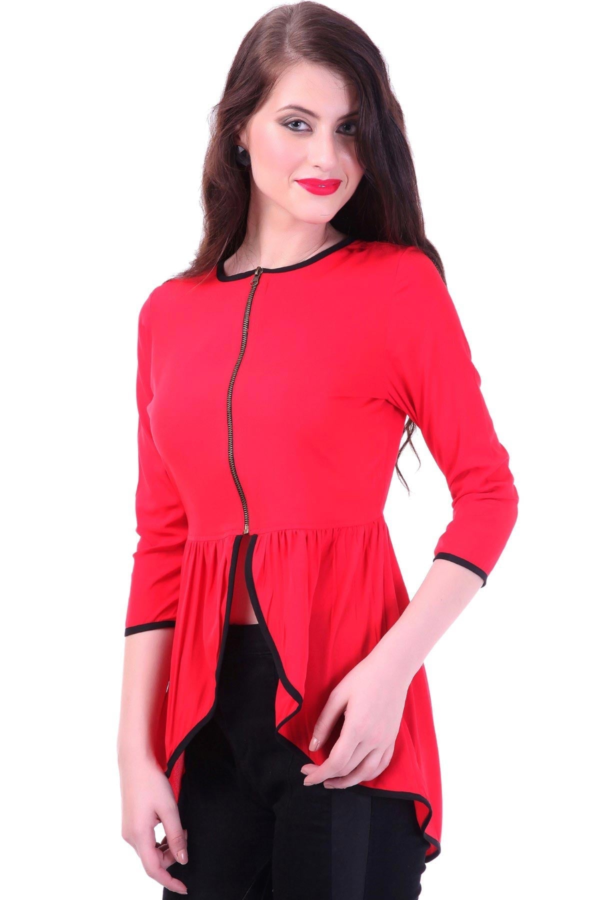Women's Front Zipper Red Peplum Top