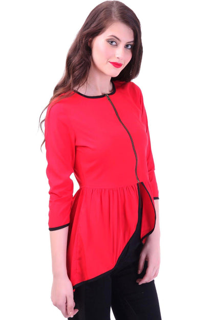 Women's Front Zipper Red Peplum Top