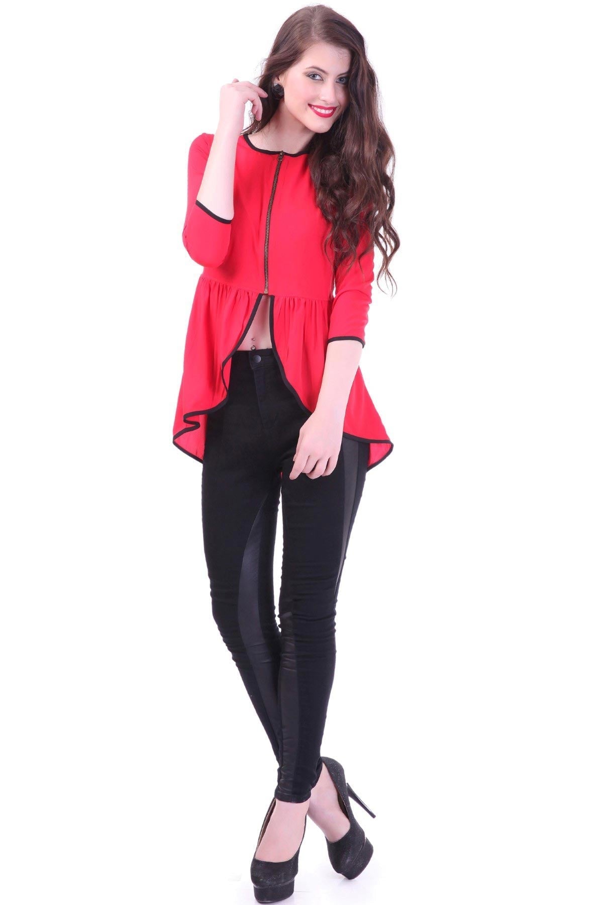 Women's Front Zipper Red Peplum Top