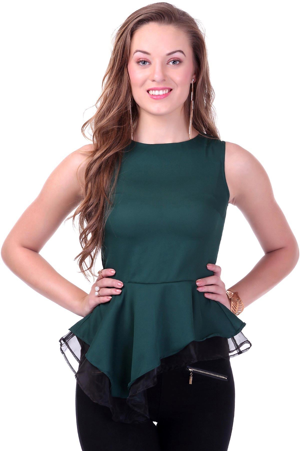 Women's Organza Layered Green Peplum Top