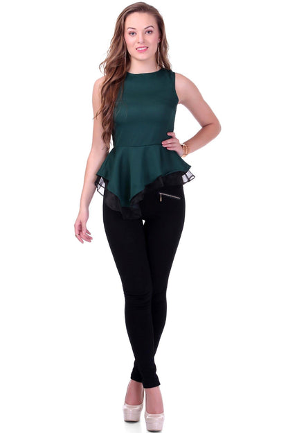 Women's Organza Layered Green Peplum Top