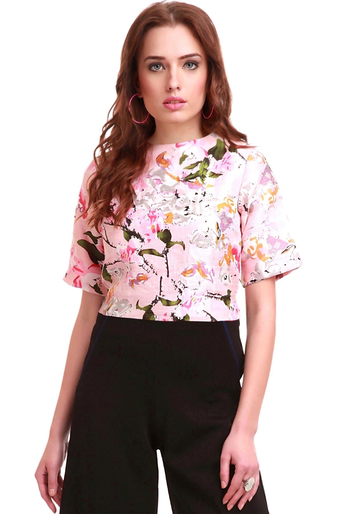 Women's Pink Floral Silk Crop Top