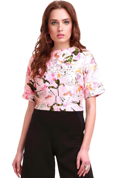 Women's Pink Floral Silk Crop Top