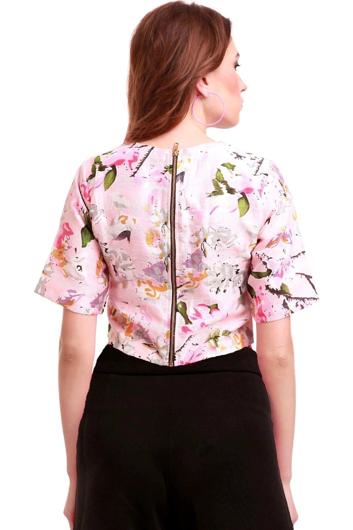 Women's Pink Floral Silk Crop Top