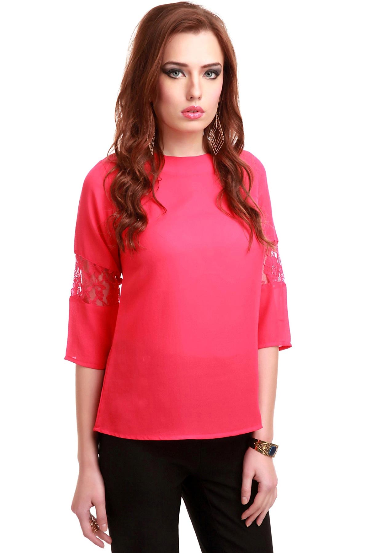 Women's Lace Insert Fuchsia Top