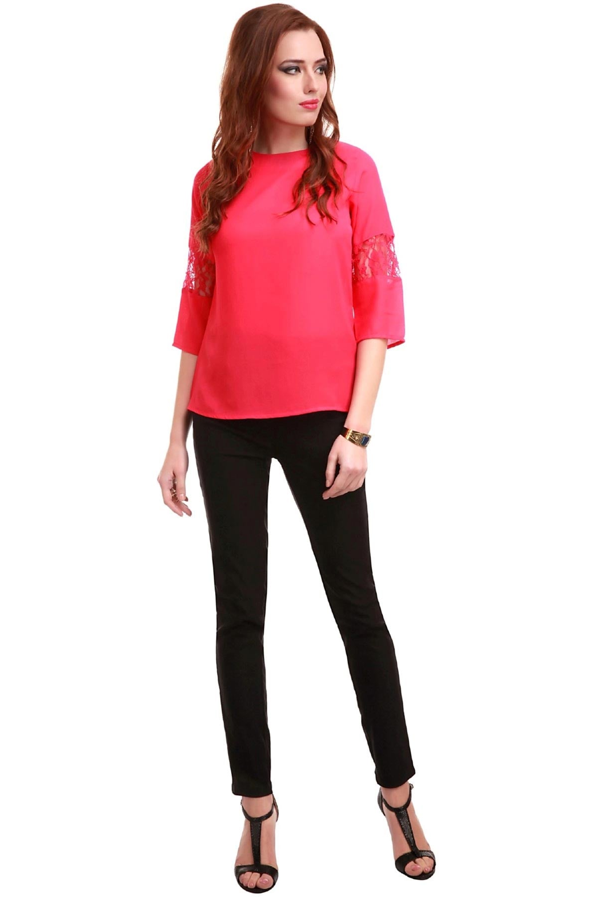 Women's Lace Insert Fuchsia Top