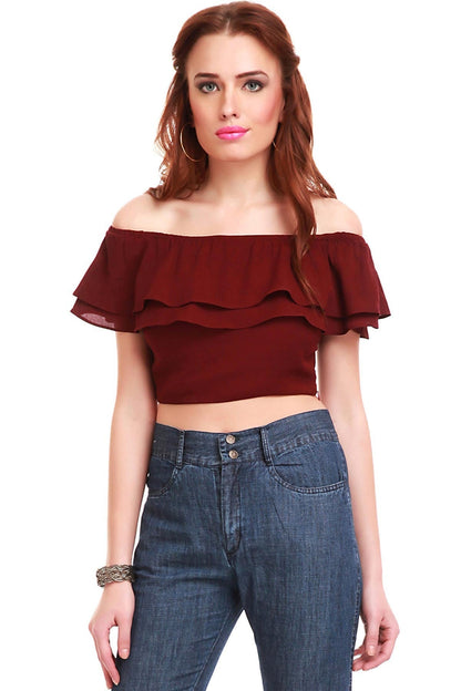 Women's Maroon Frill Crop Top
