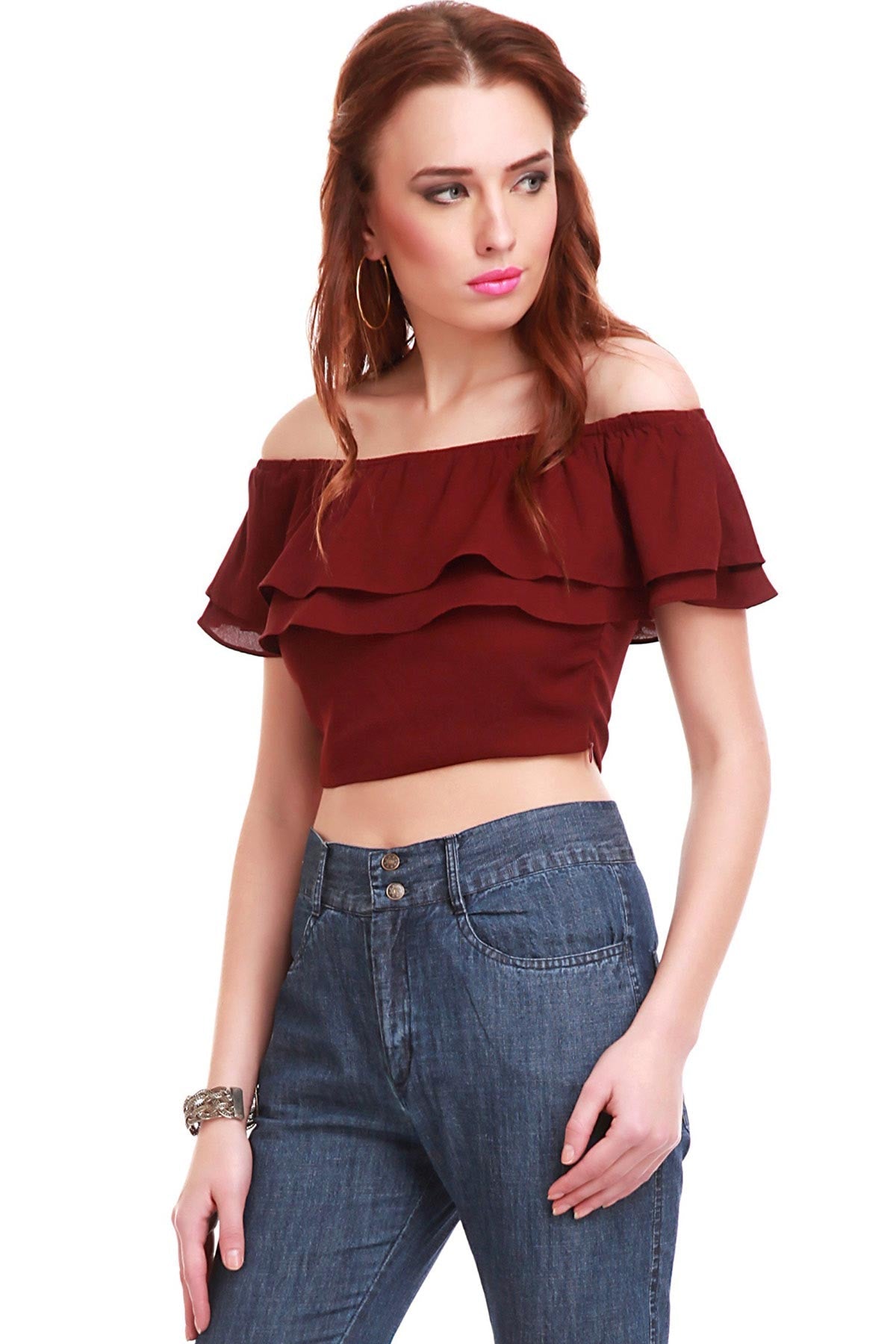 Women's Maroon Frill Crop Top