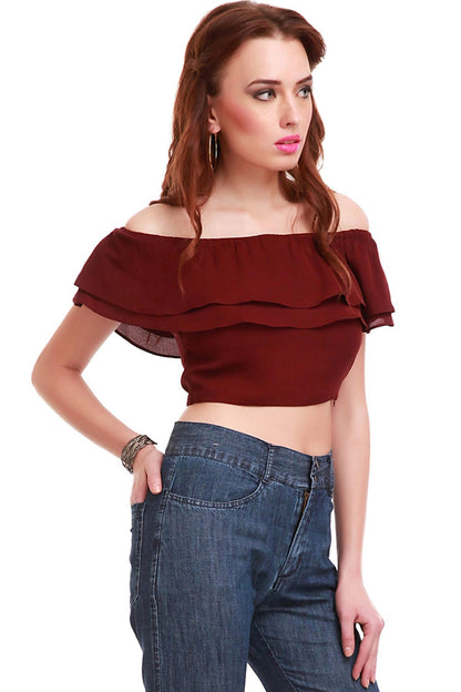 Women's Maroon Frill Crop Top