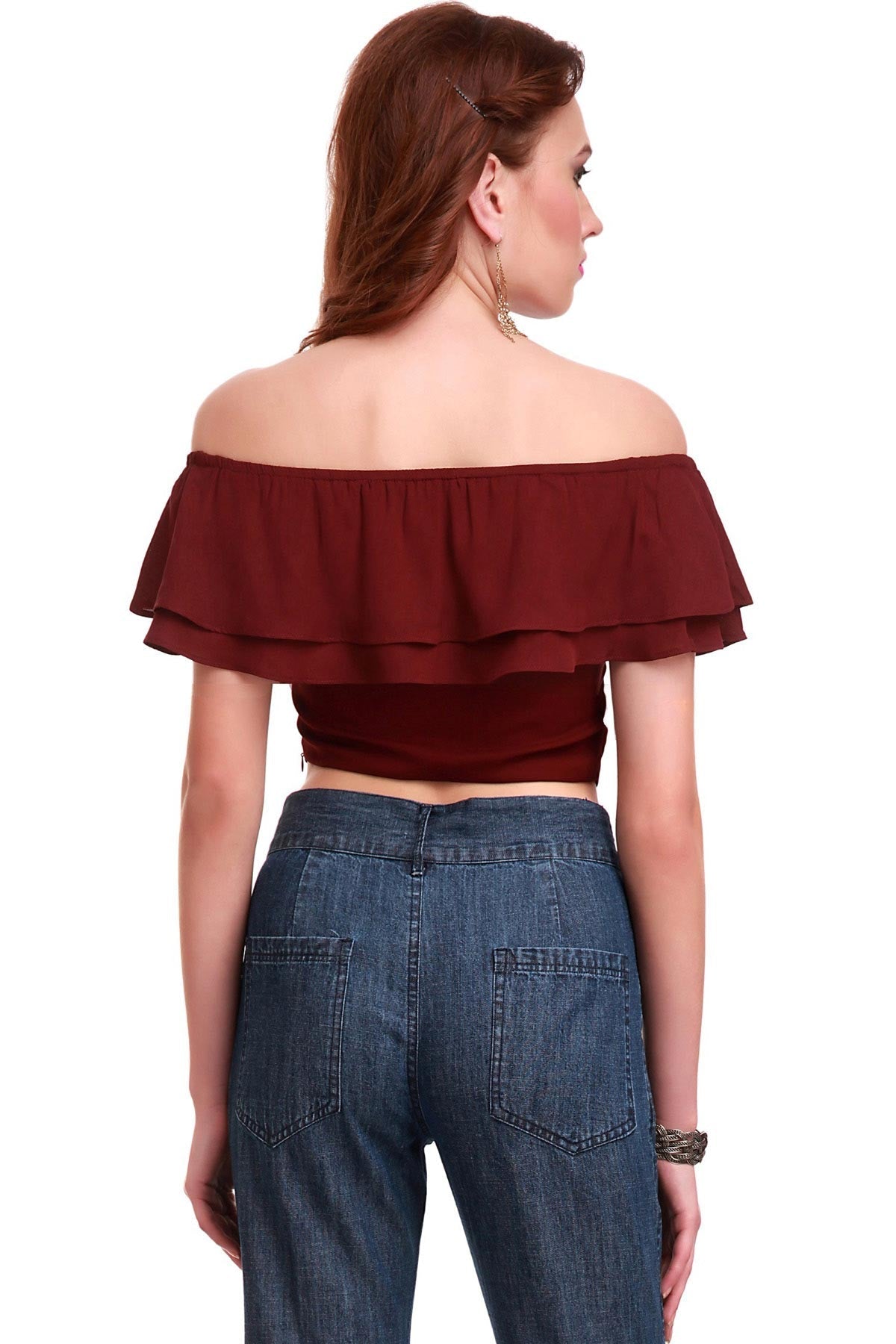 Women's Maroon Frill Crop Top