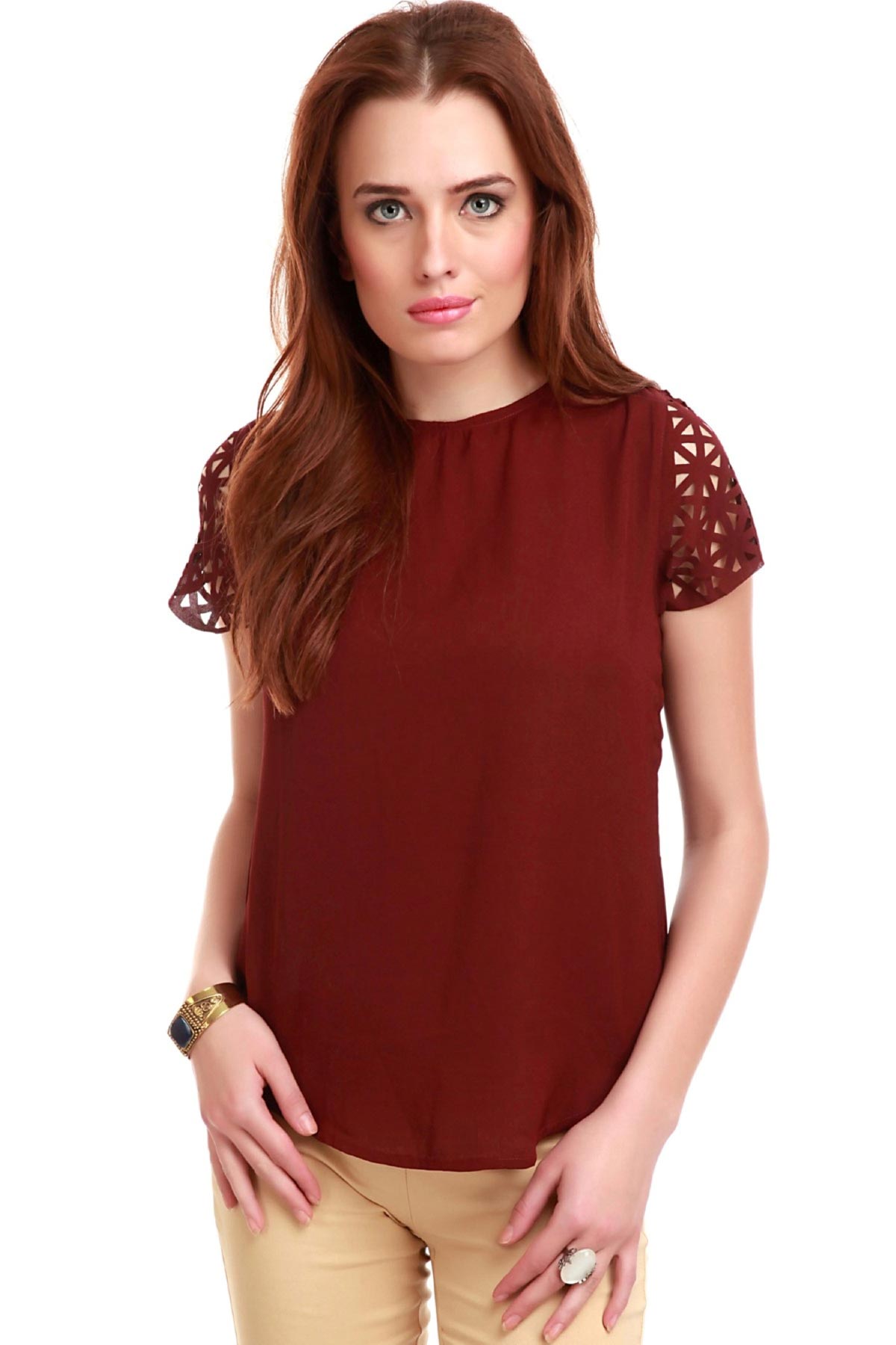 Women's Laser Sleeves Maroon Top