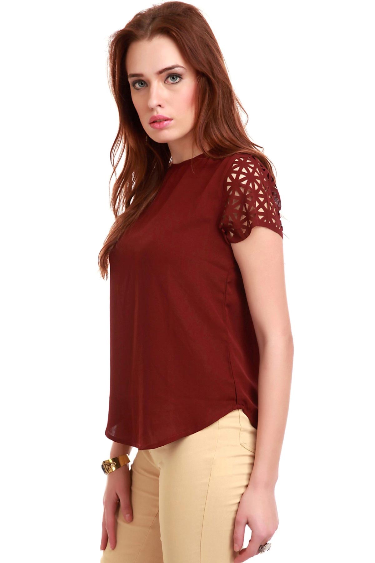 Women's Laser Sleeves Maroon Top