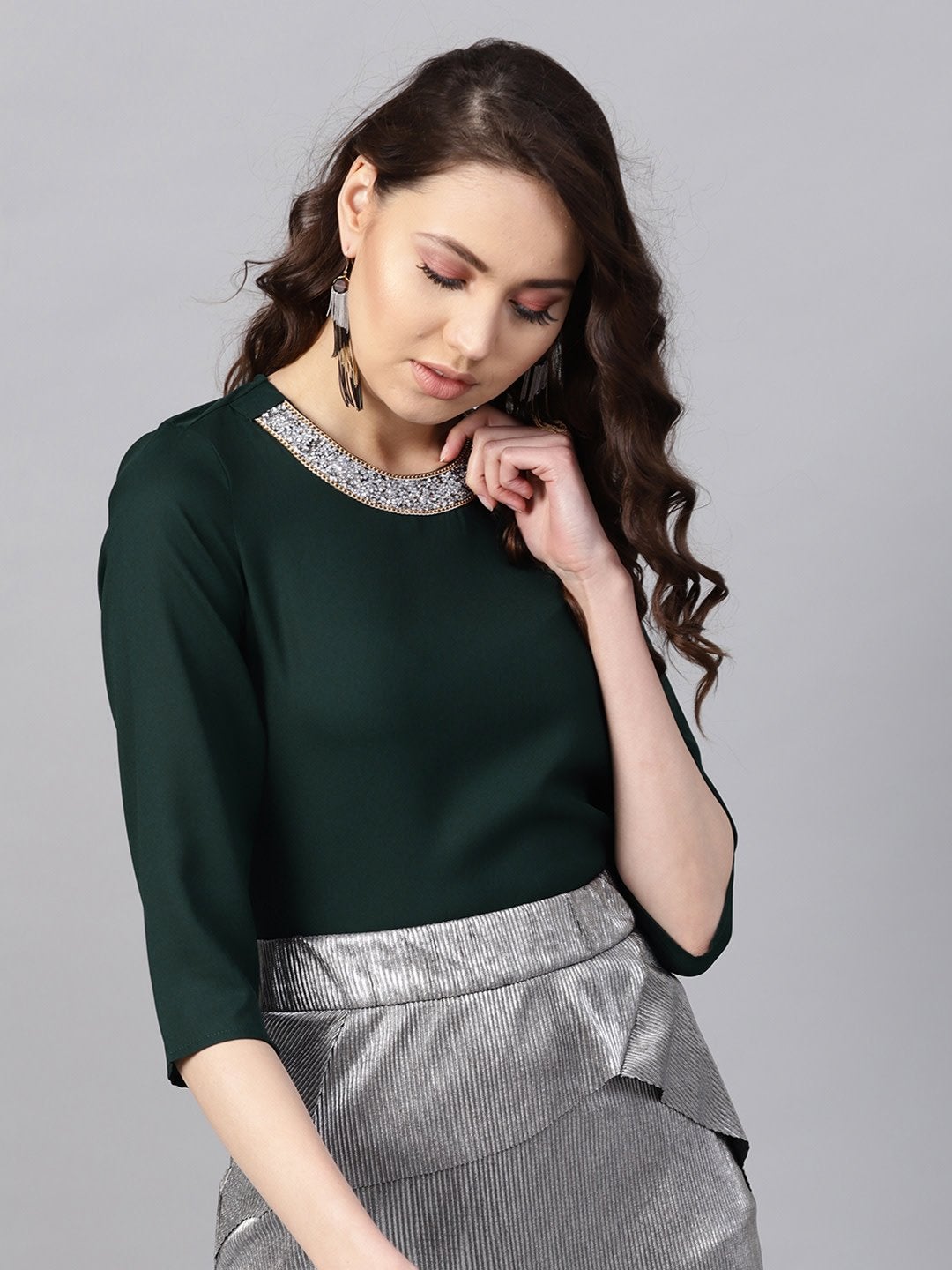 Women's Blingy Neck Green Top