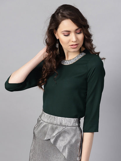 Women's Blingy Neck Green Top