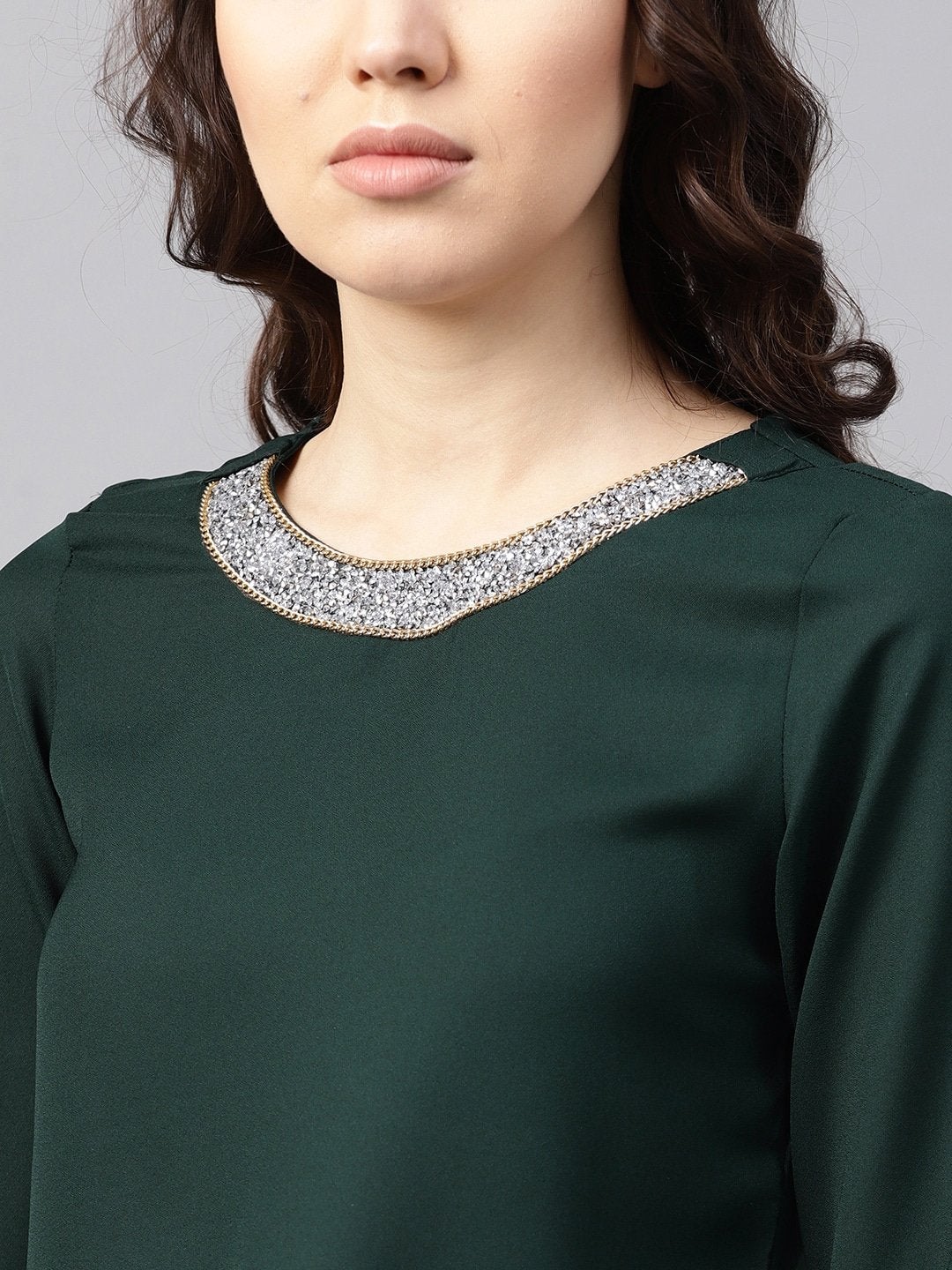 Women's Blingy Neck Green Top