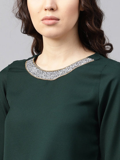 Women's Blingy Neck Green Top