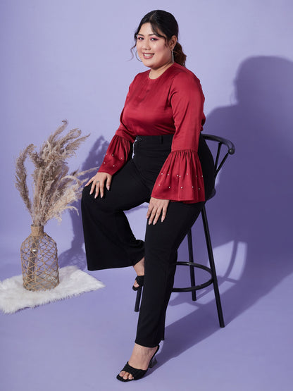 Women's Red Satin Bell Sleeves Frill Hem Top