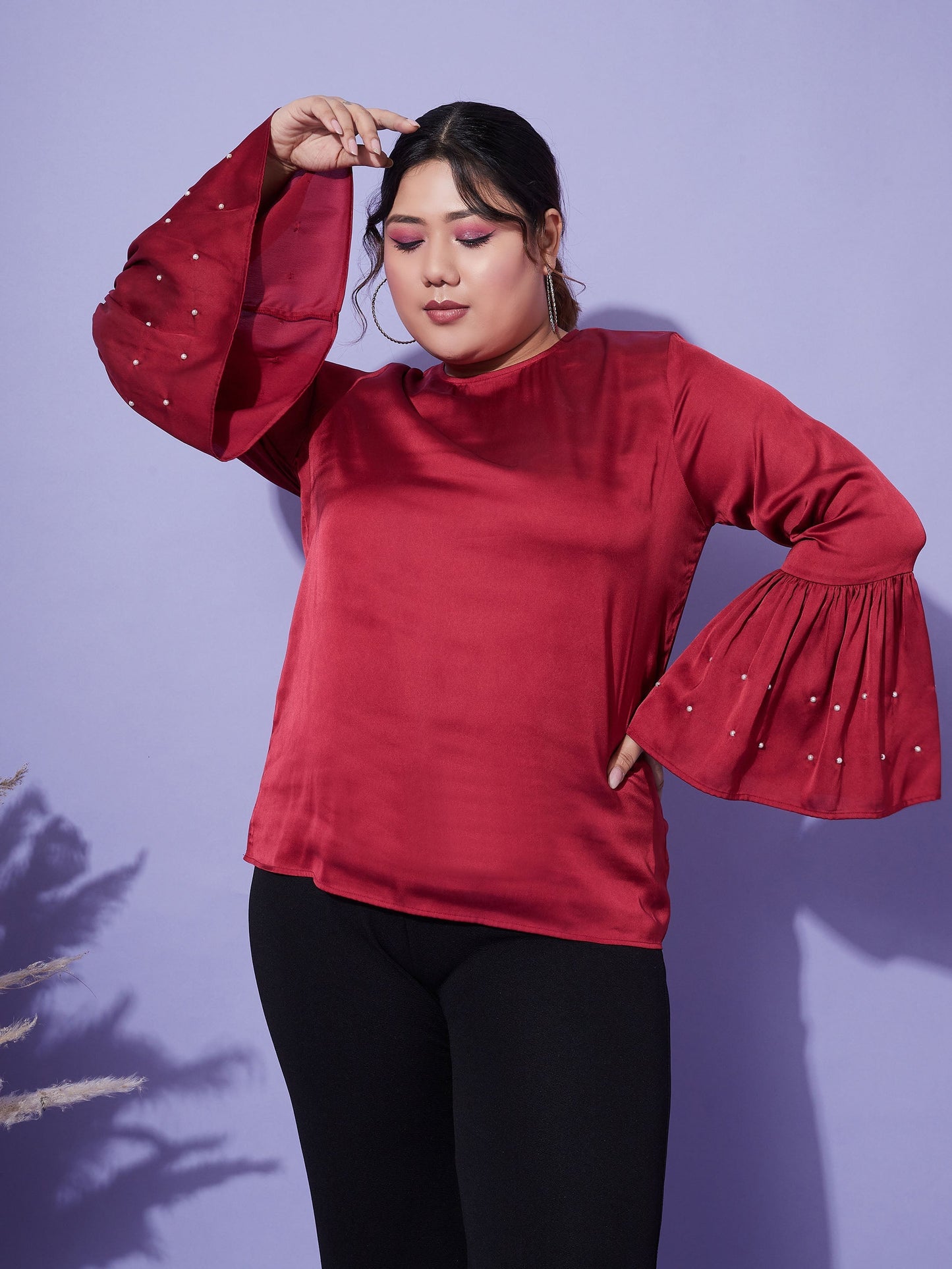 Women's Red Satin Bell Sleeves Frill Hem Top