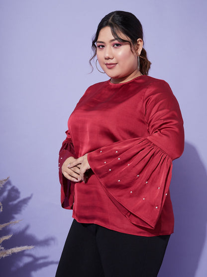 Women's Red Satin Bell Sleeves Frill Hem Top