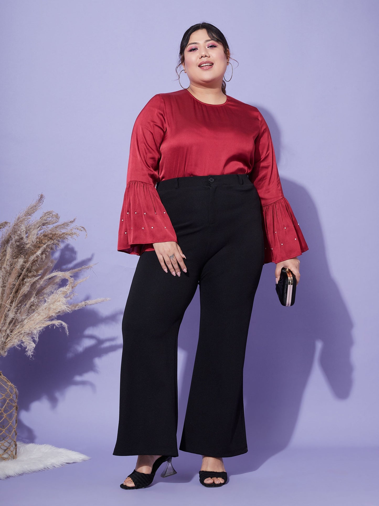 Women's Red Satin Bell Sleeves Frill Hem Top