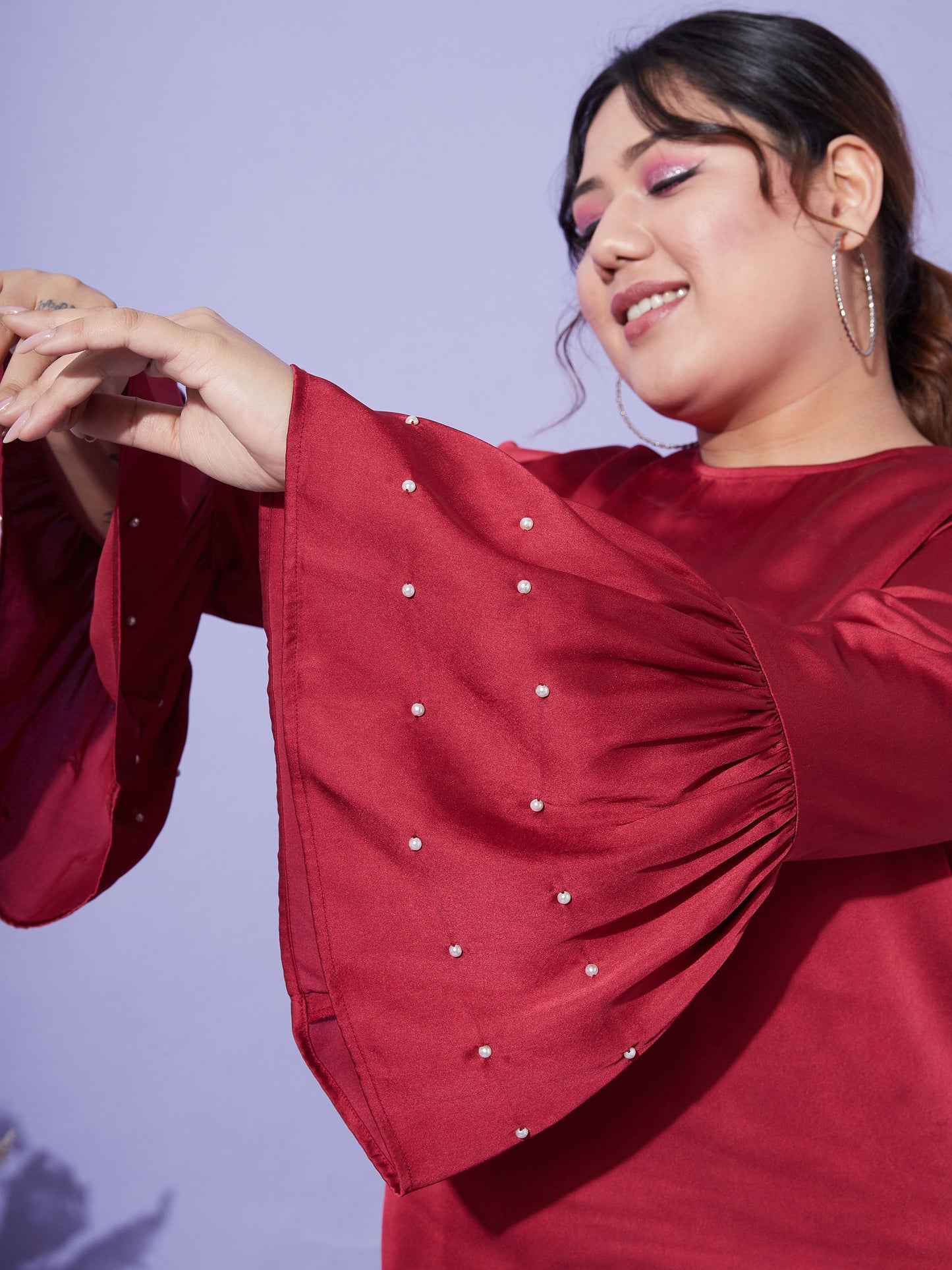 Women's Red Satin Bell Sleeves Frill Hem Top