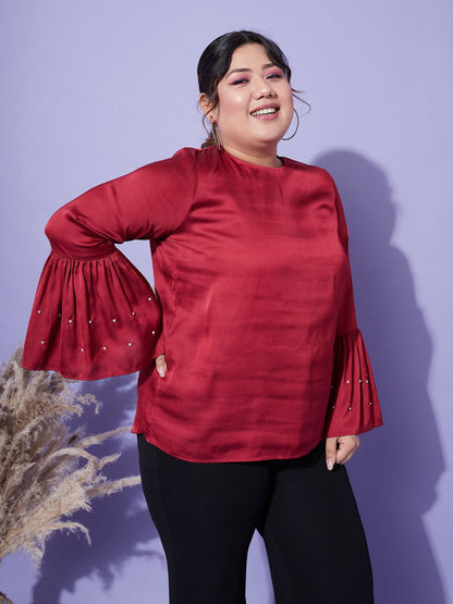 Women's Red Satin Bell Sleeves Frill Hem Top