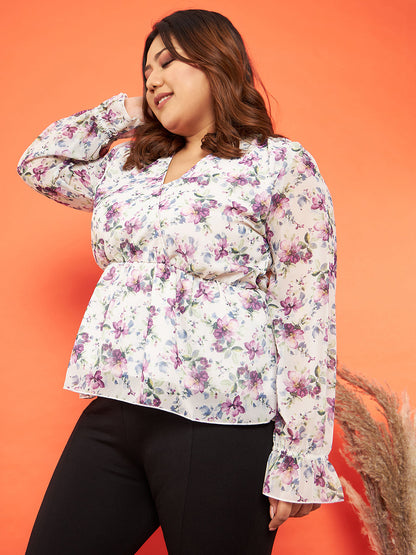 Women's Off White Floral Wrap Neck Top