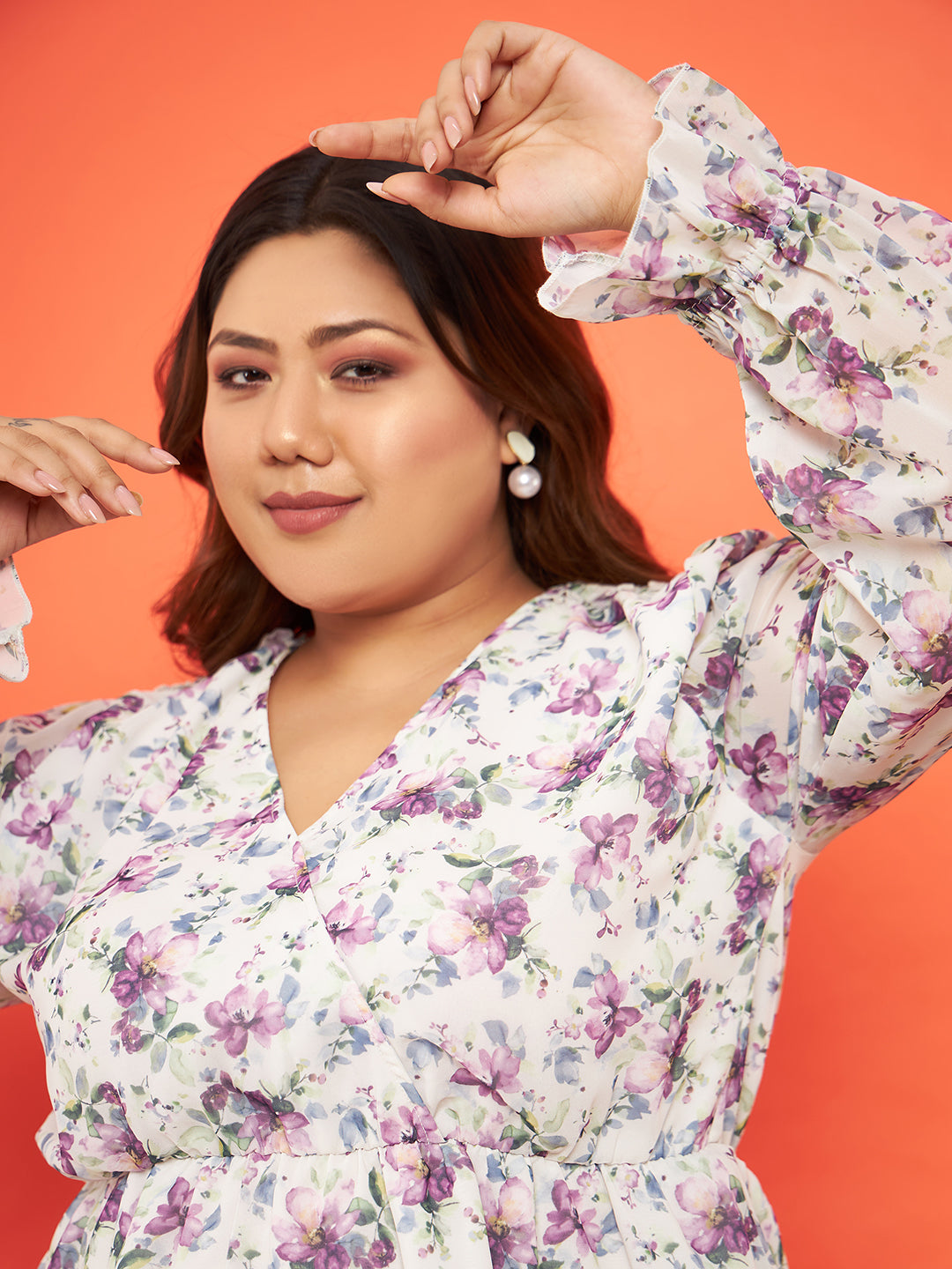 Women's Off White Floral Wrap Neck Top