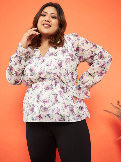 Women's Off White Floral Wrap Neck Top