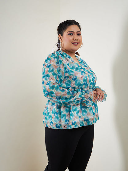 Women's Teal Floral Printed Top