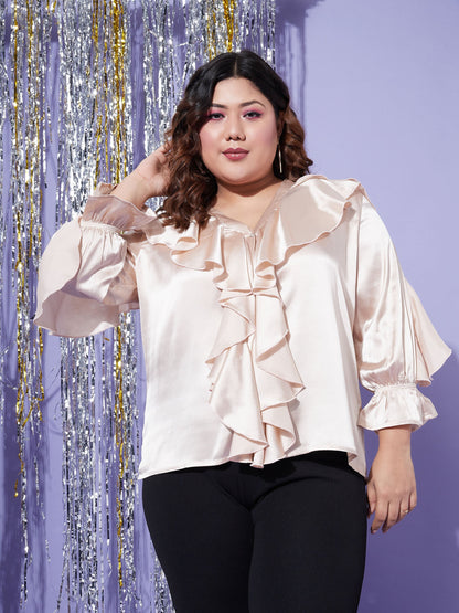 Women's Beige Satin Cascading Ruffle Blouse