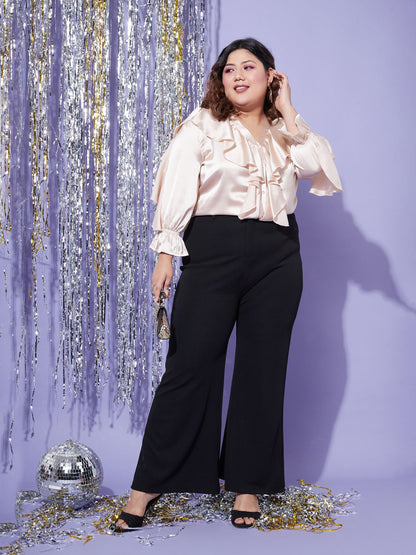 Women's Beige Satin Cascading Ruffle Blouse