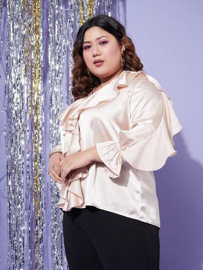 Women's Beige Satin Cascading Ruffle Blouse