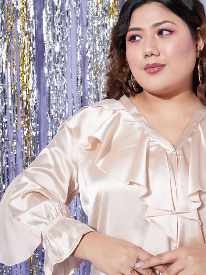 Women's Beige Satin Cascading Ruffle Blouse