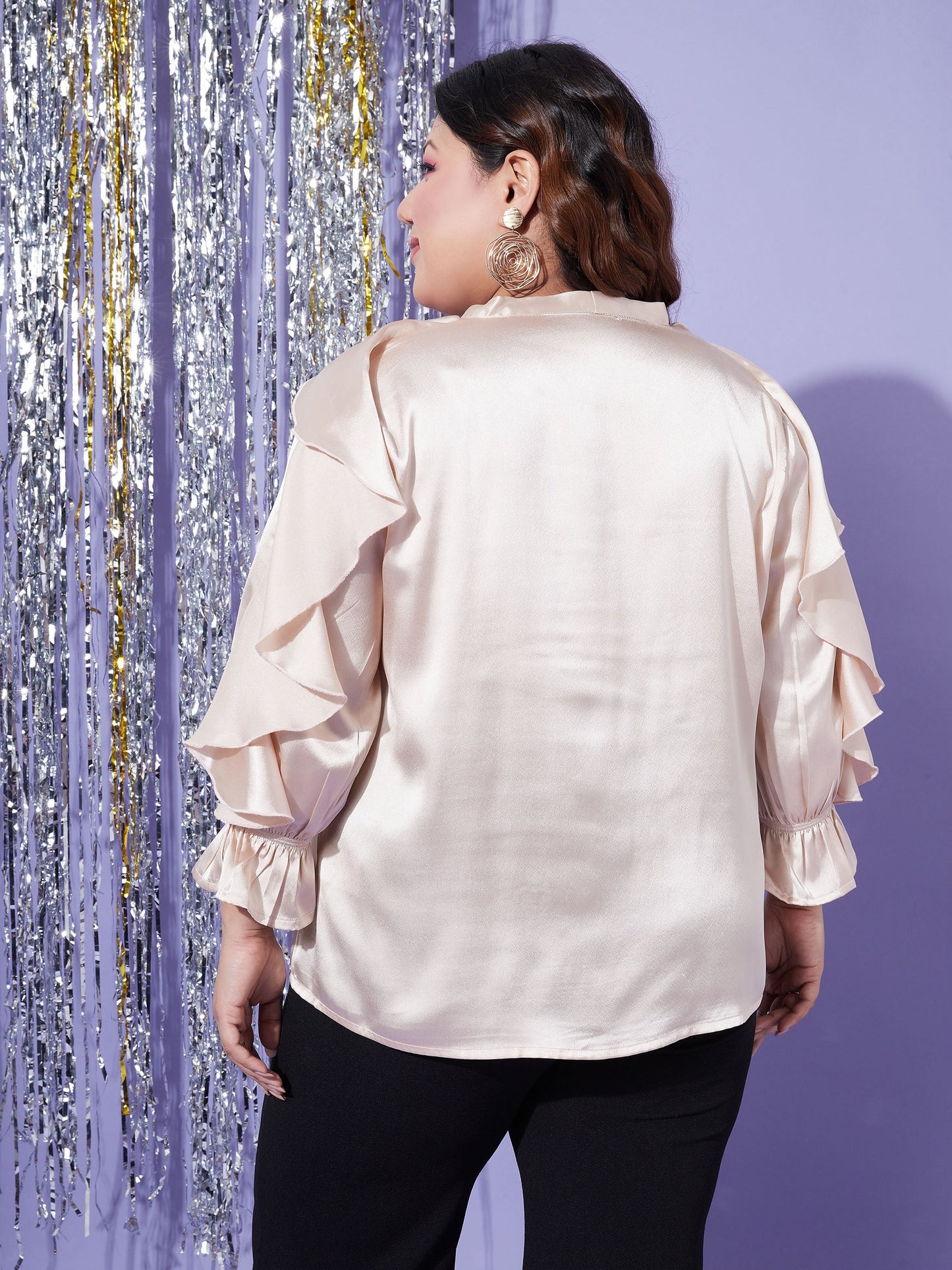 Women's Beige Satin Cascading Ruffle Blouse