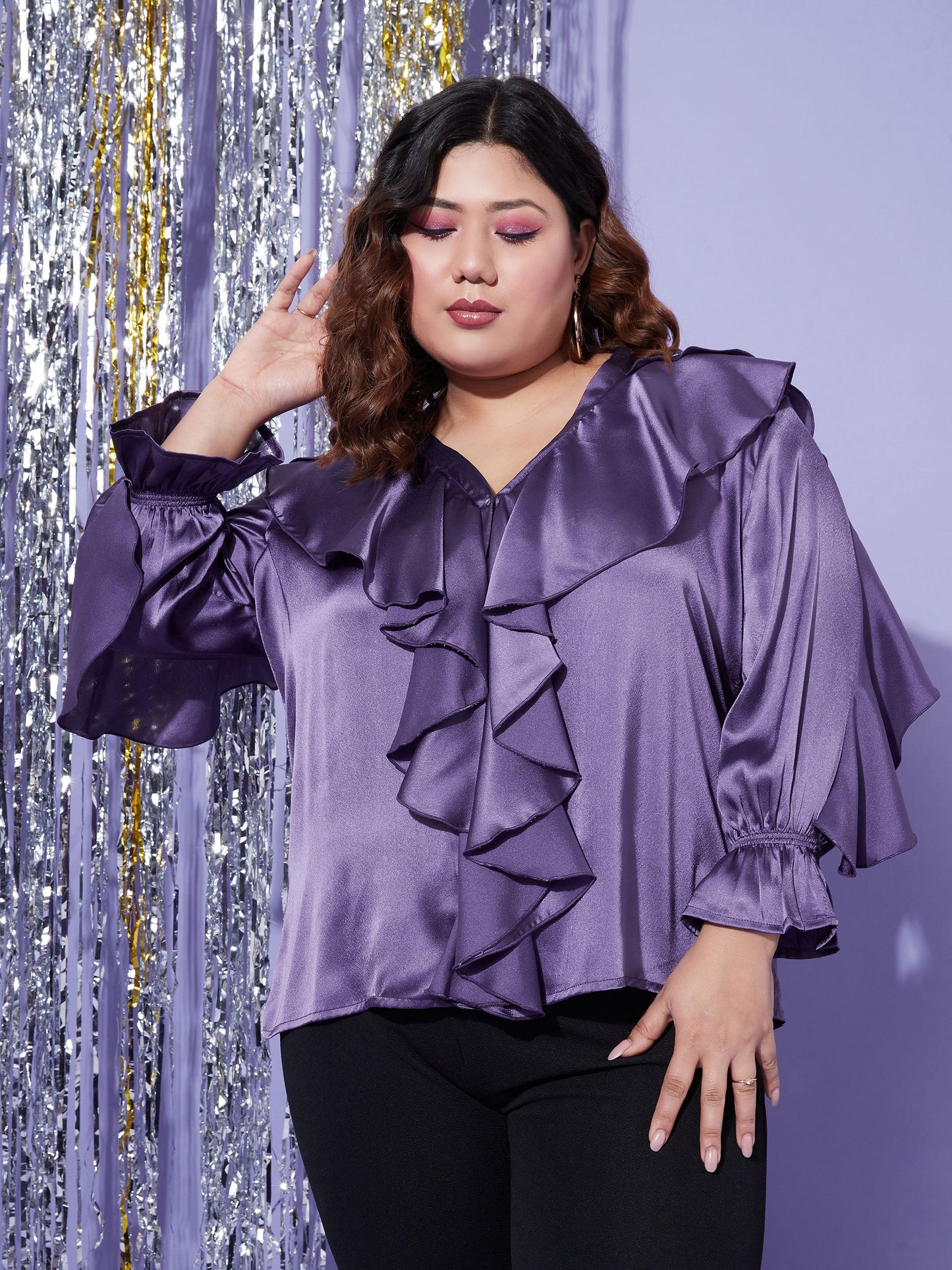 Women's Purple Satin Cascading Ruffle Blouse