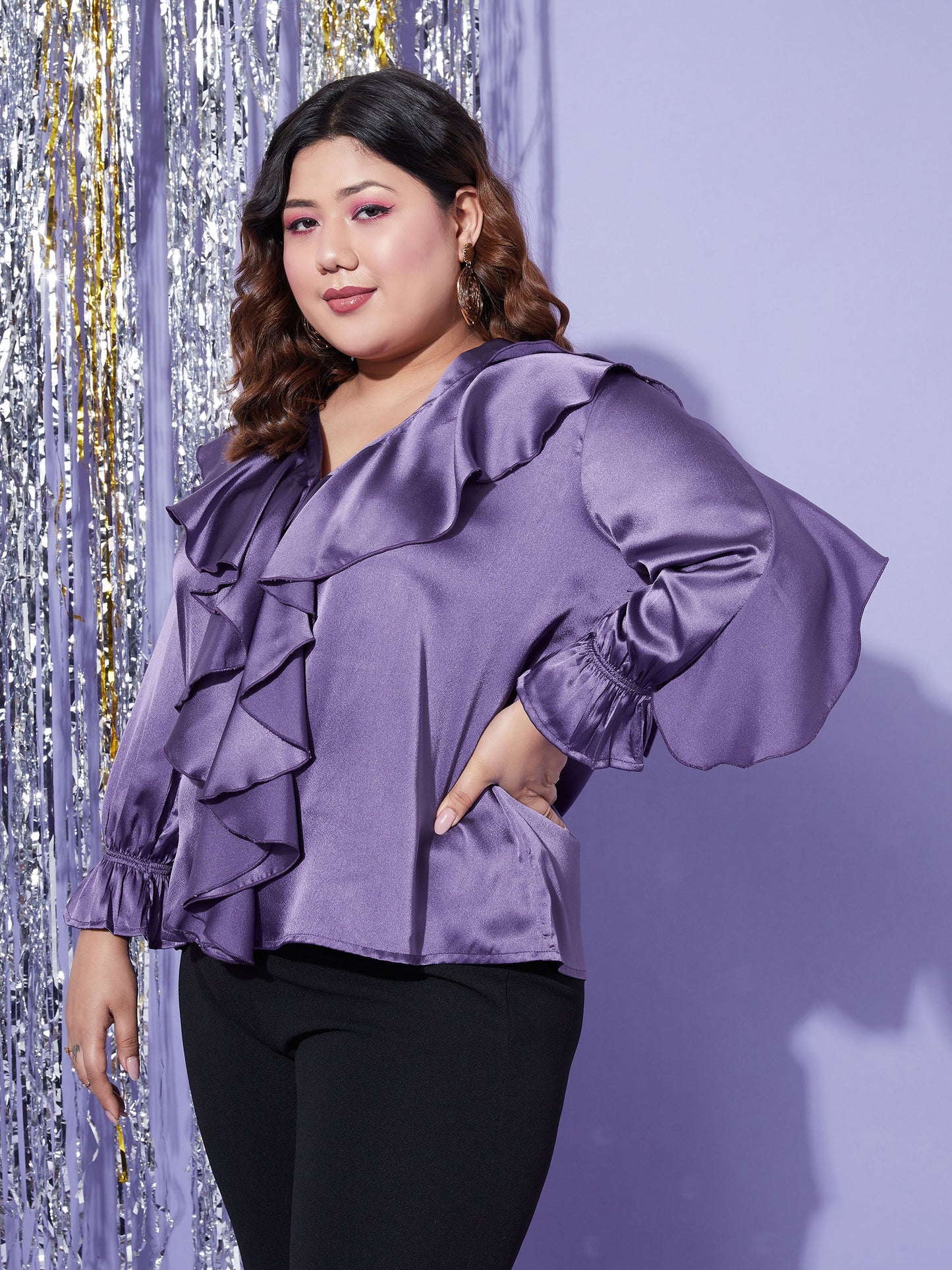 Women's Purple Satin Cascading Ruffle Blouse