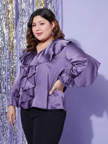 Women's Purple Satin Cascading Ruffle Blouse