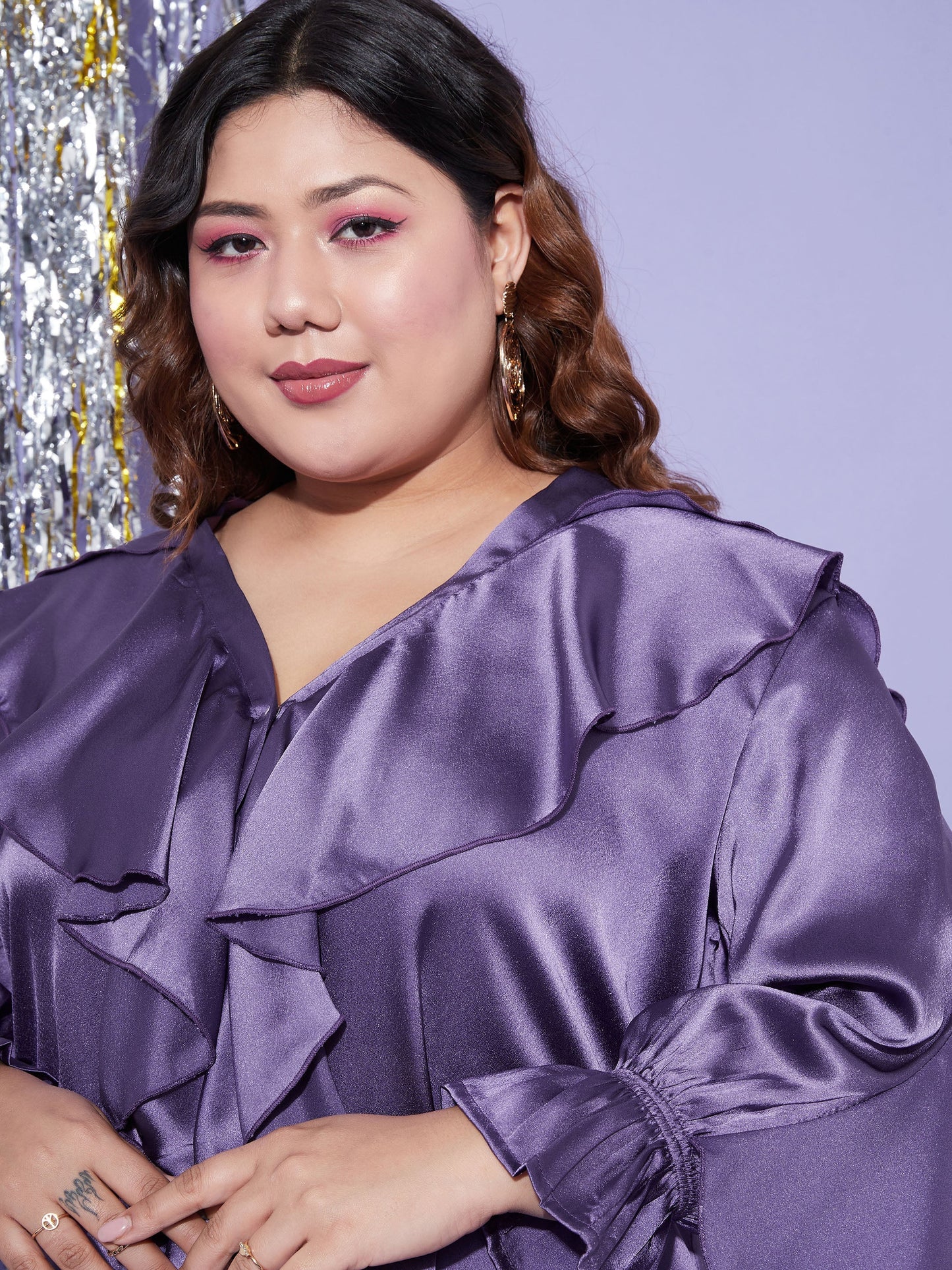 Women's Purple Satin Cascading Ruffle Blouse