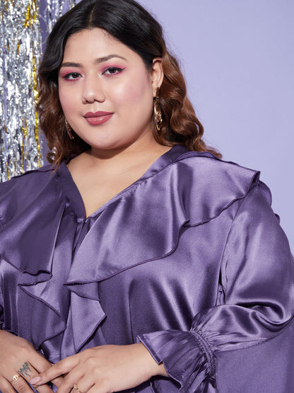Women's Purple Satin Cascading Ruffle Blouse
