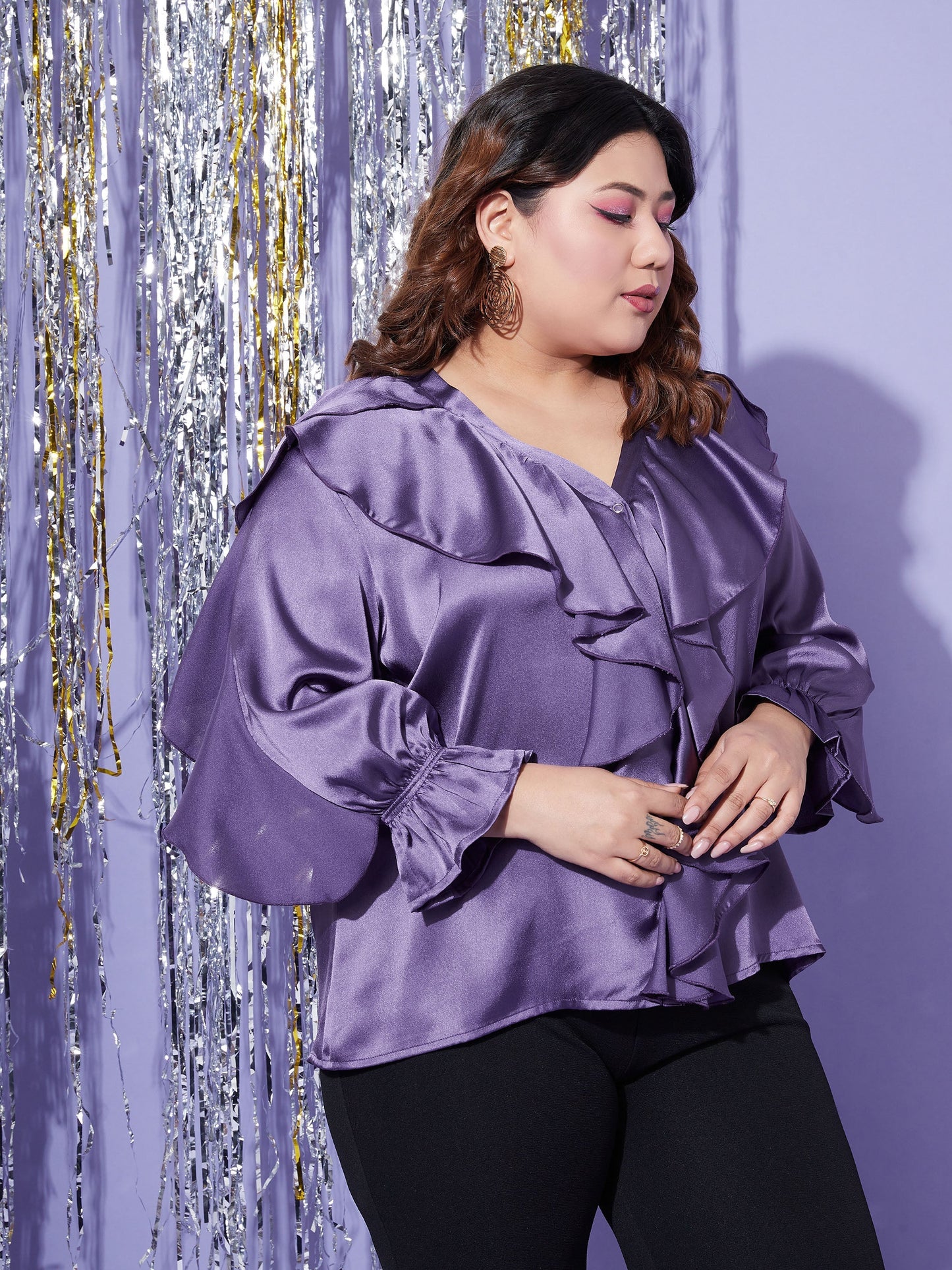 Women's Purple Satin Cascading Ruffle Blouse