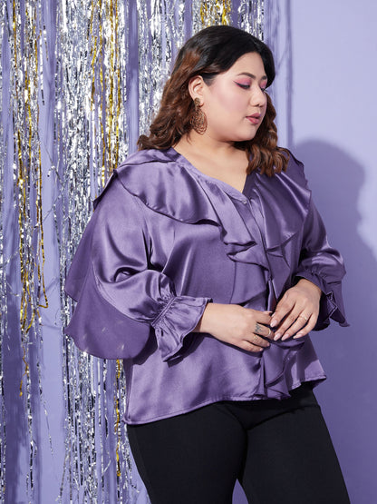 Women's Purple Satin Cascading Ruffle Blouse