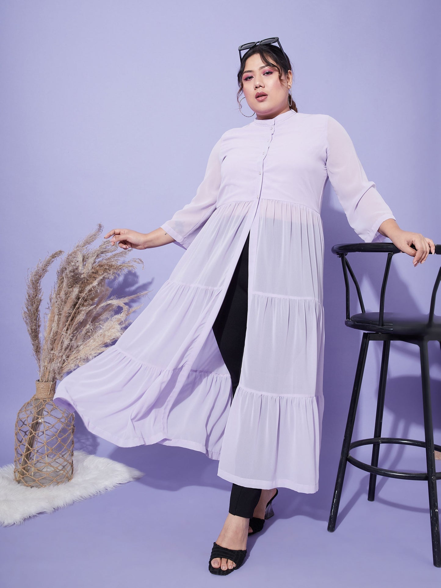 Women's Lavender Front Open Sheer Tiered Maxi Top